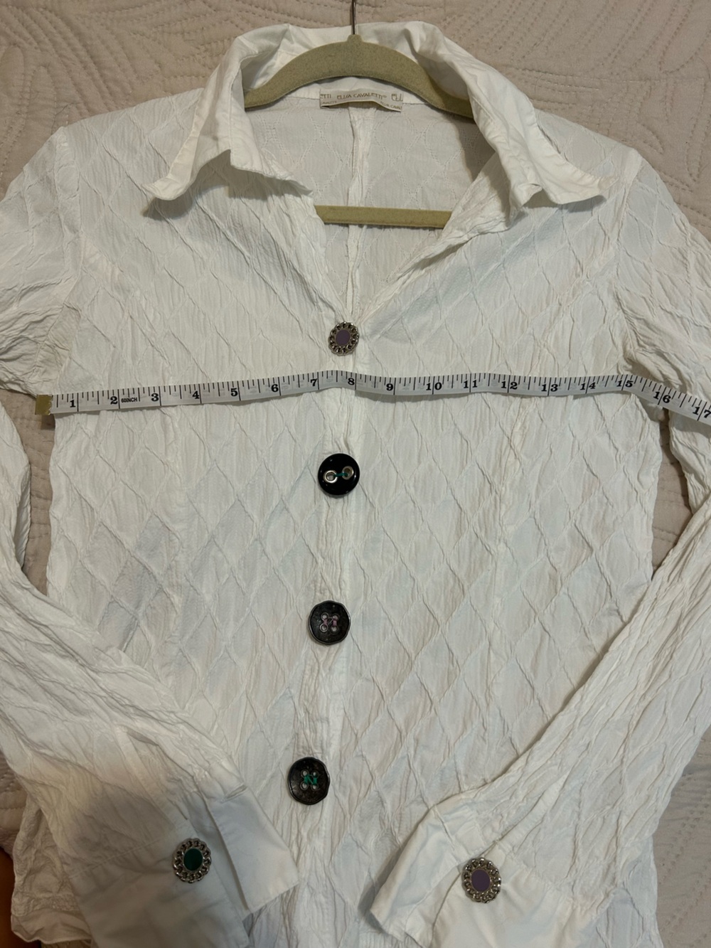 Elisa Cavaletti Cotton White Textured Button-Down Shirt with Decorative Buttons - Picture 7 of 12
